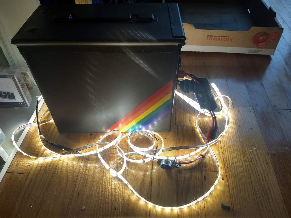 Completed rainbow illuminated by LED strips around the box