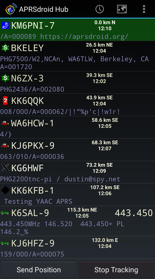 A screenshot from an Android app of APRS station reports.
